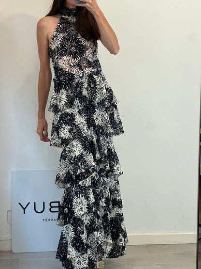 FRANCISCO ARCE. Vestido largo estampado floral y escote halter