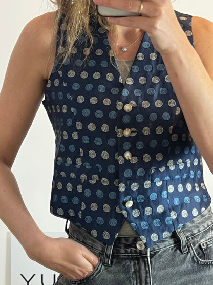 ALTEA MILANO. Chaleco seda  azul dibujos. T M