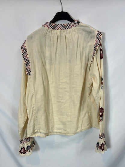 LOUISE MISHA. Blusa beige bordada T.34