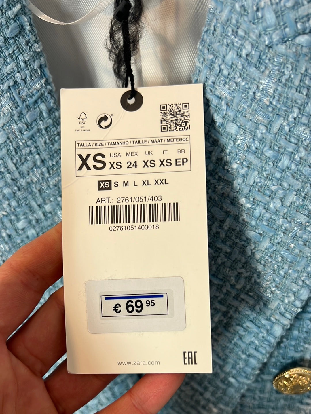 ZARA. Blazer azul claro tweed. T XS