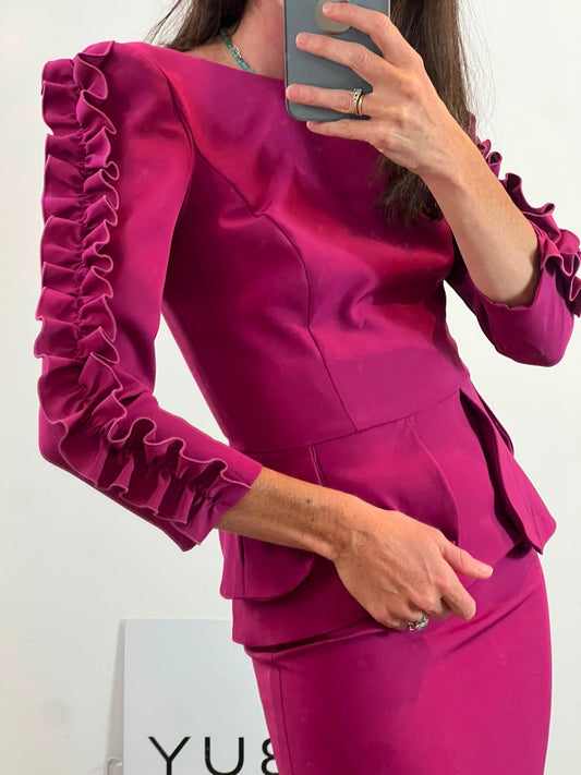 MERYFOR. Vestido midi rosa oscuro detalle mangas