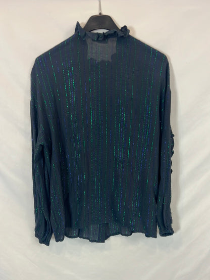 NICOLI. Blusa azul detalles hilos metálicos T.s