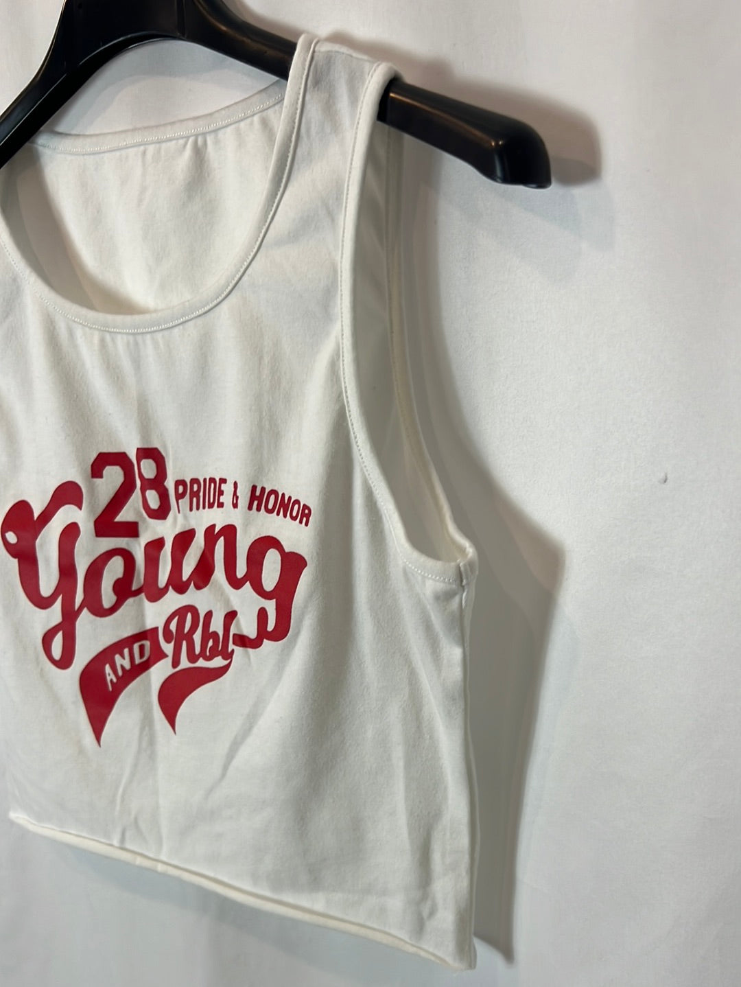 OTHERS. White crop top with red letters. S XS/S