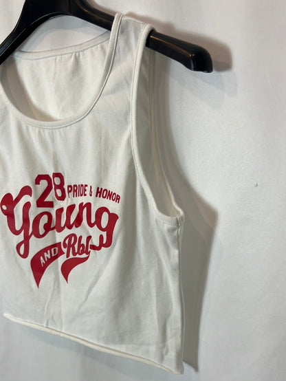 OTHERS. White crop top with red letters. S XS/S