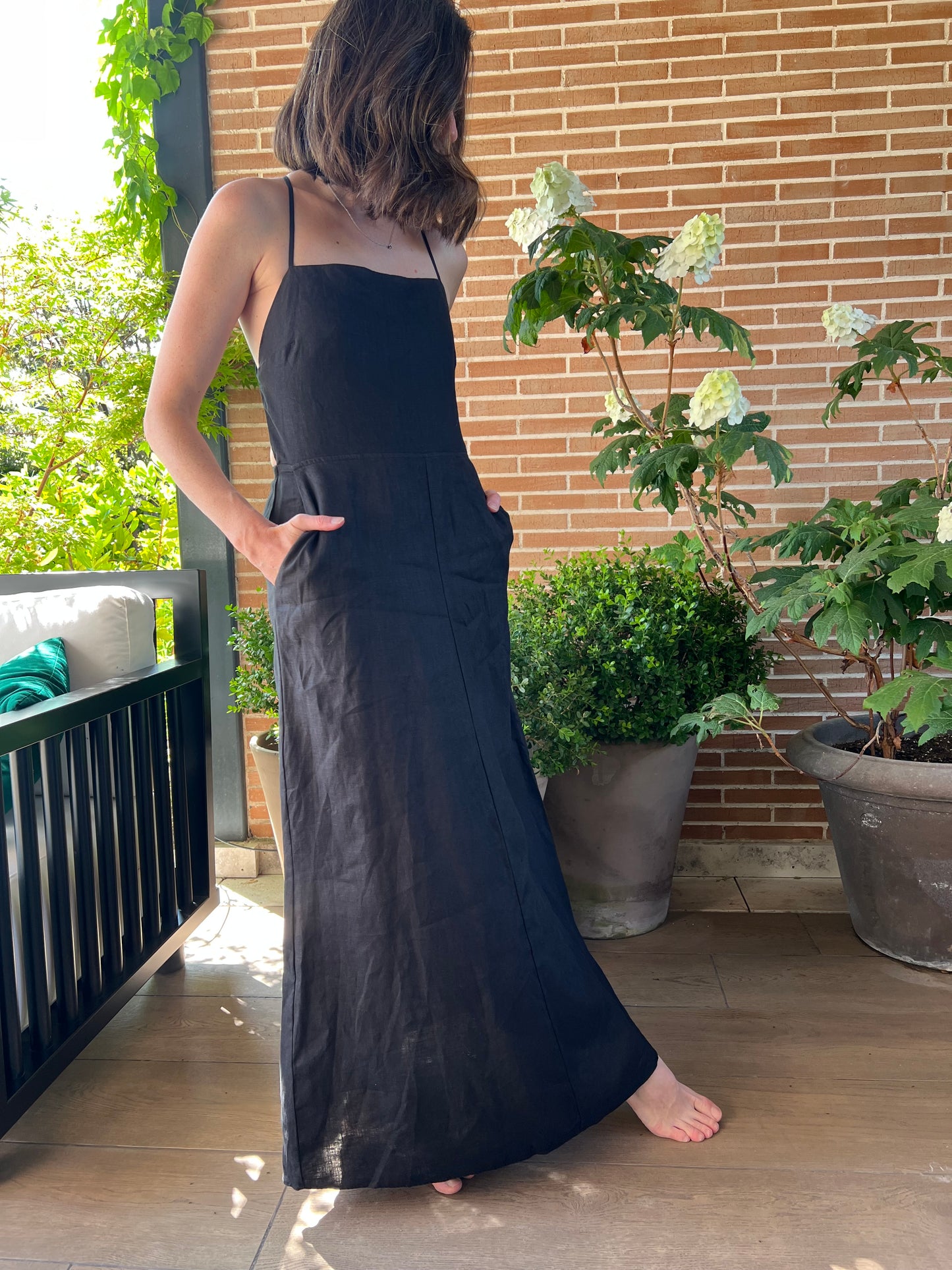 ZARA. vestido lino negro  T.s