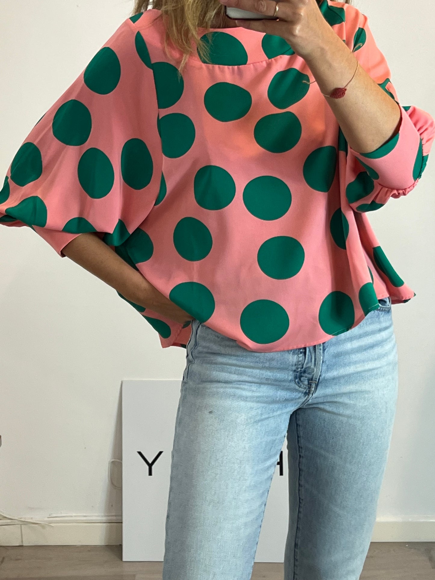 SMILE. Pink polka dot Ts blouse