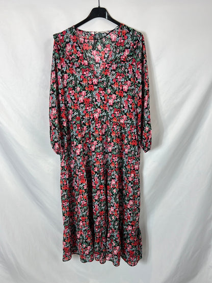 ZARA. Vestido negro flores T.s