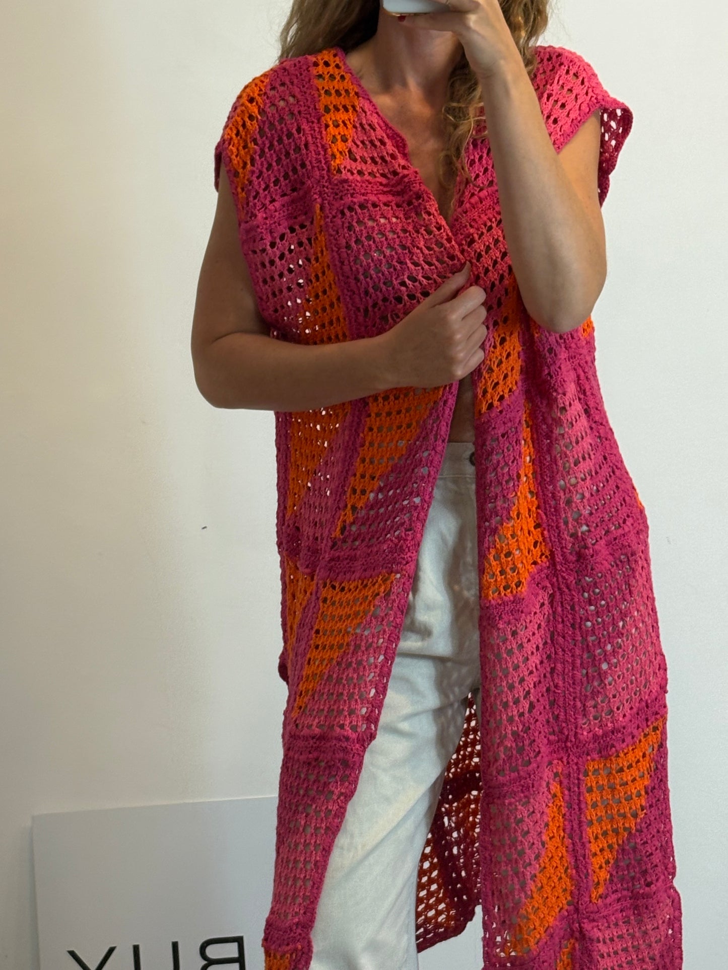 NICOLI. Kimino largo crochet bicolor