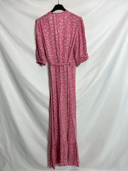 VILA. Vestido largo rosa cruzado flores. T 36