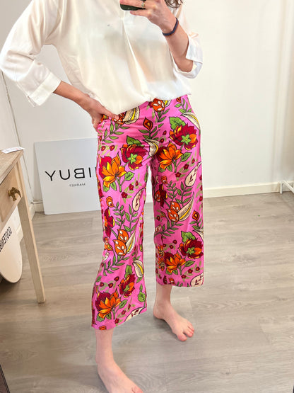 MALIPARMI. Printed fuchsia silk trousers. Size 38 (XS/S)