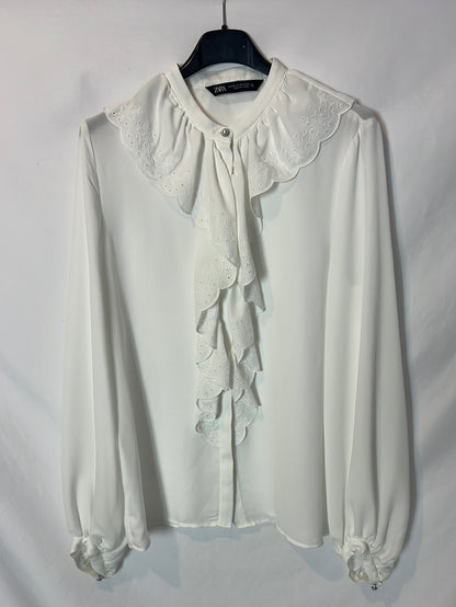 ZARA. White flowing blouse with ruffles. Size XS