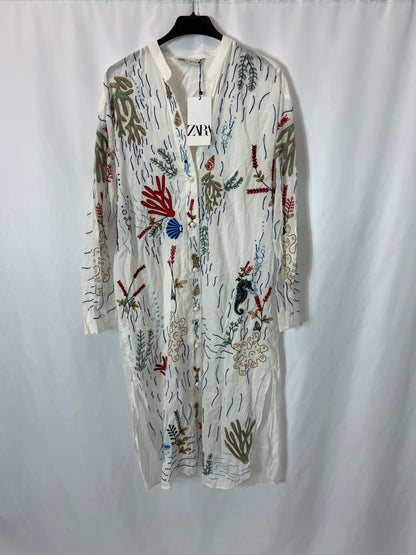 ZARA. Embroidered midi shirt dress. XS (S/M)