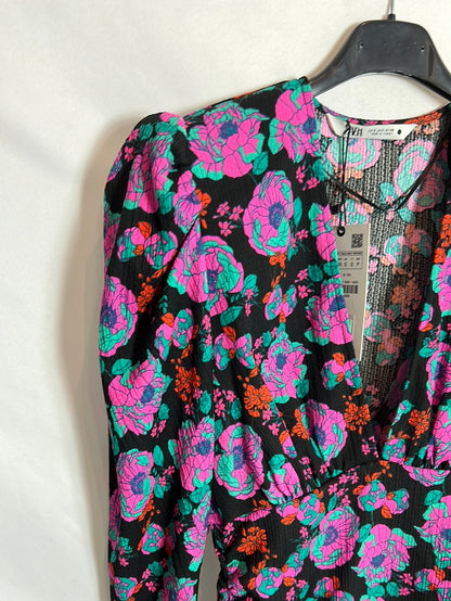ZARA. Vestido corto flores hombreras . T S