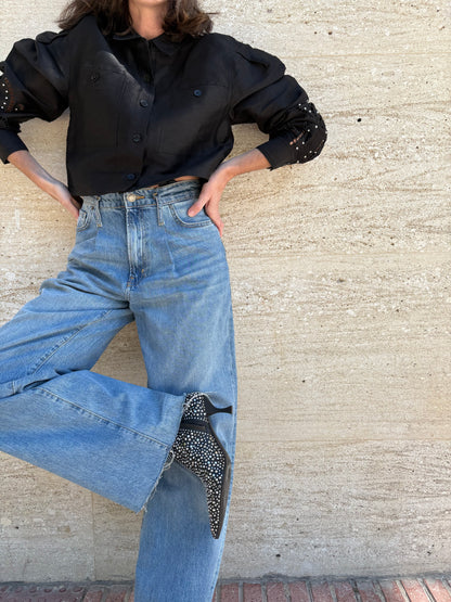 MAJE. Camisa corta lino calada T.1(S)