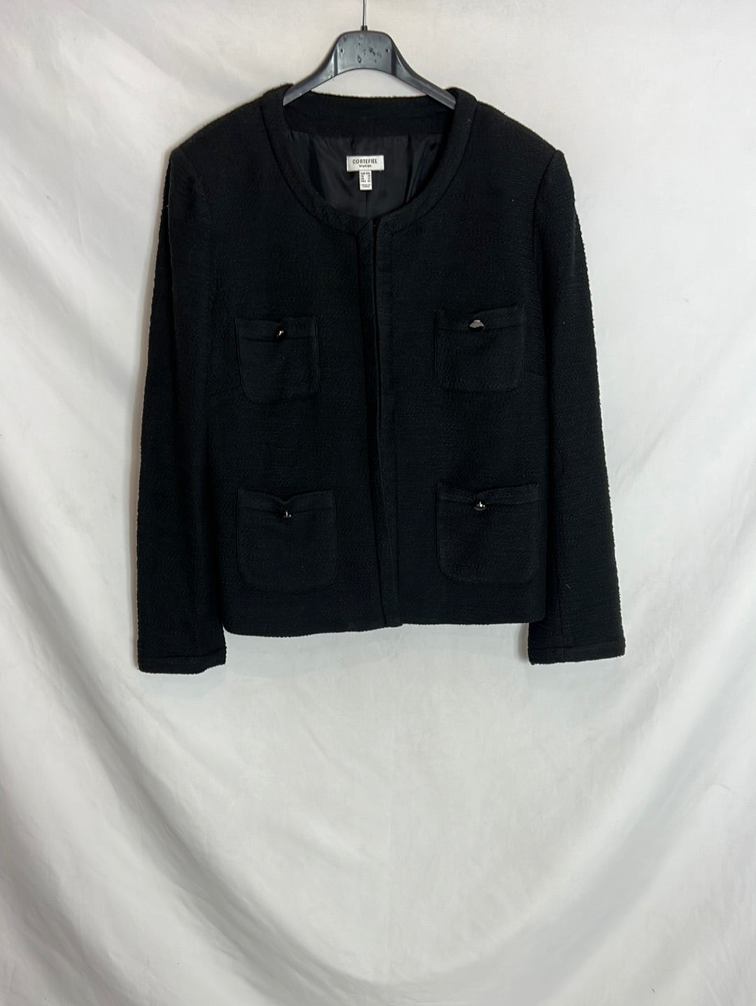 CORTEFIEL. Chaqueta tweed negra bolsillos. T XXL