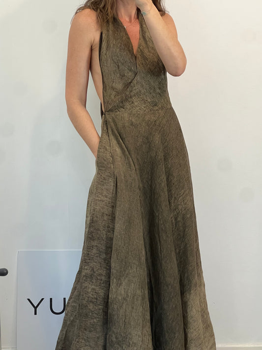 CORTANA. Vestido lino verde jaspeado anudado. T 40