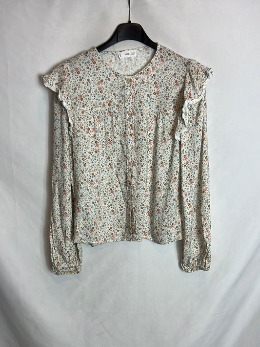 MANGO. Blusa flores volante. T 11-12 años