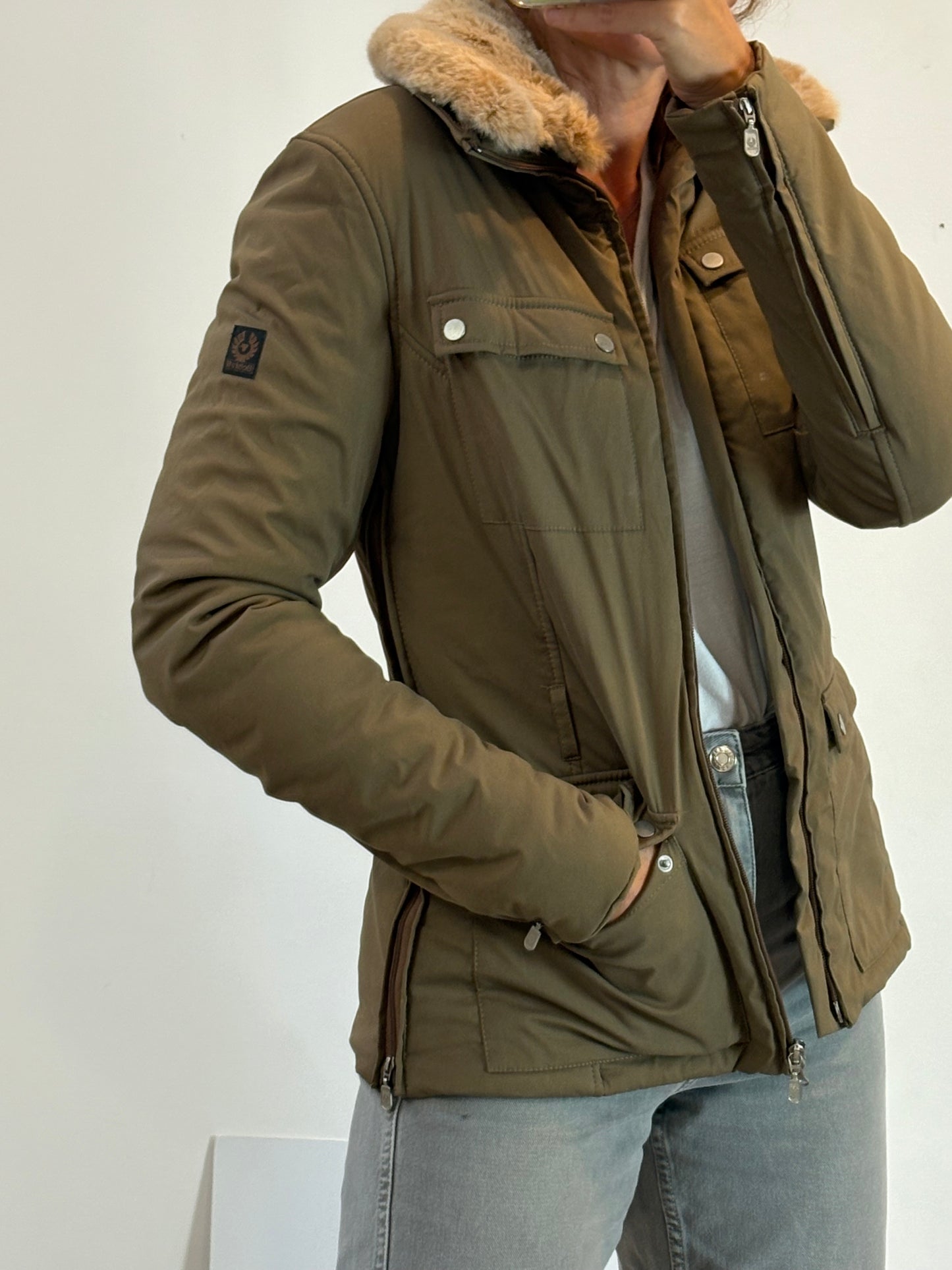 BELSTAFF. Khaki green quilted jacket with pockets. TM