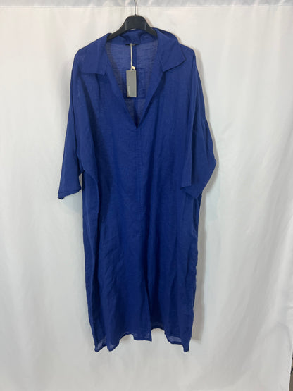 PARFOIS. Vestido azul detalle espalda lino y algodón. TU