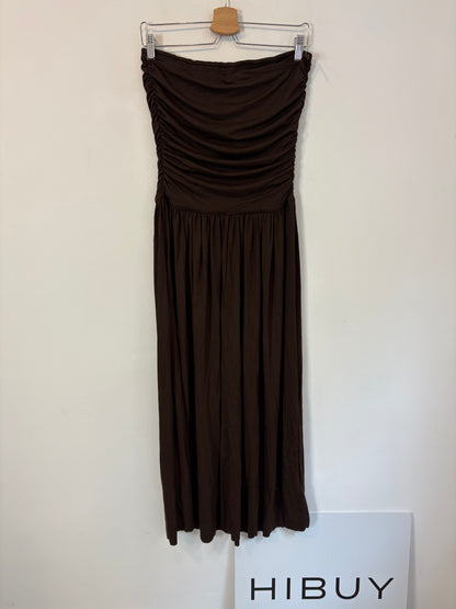 MANGO. Vestido midi marrón punto elástico