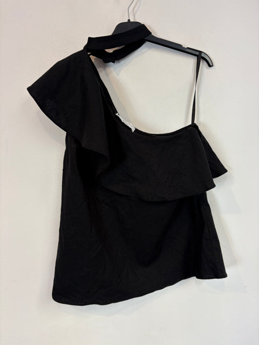 L'ACADEMIE. Black Linen Asymmetrical Ts Top