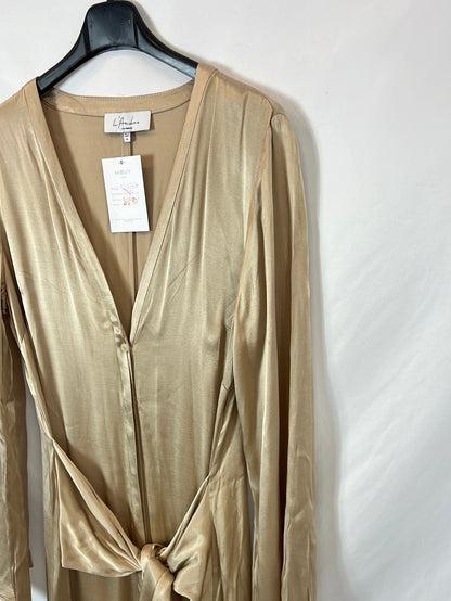 L'ACADEMI. Vestido largo beige satinando T.m