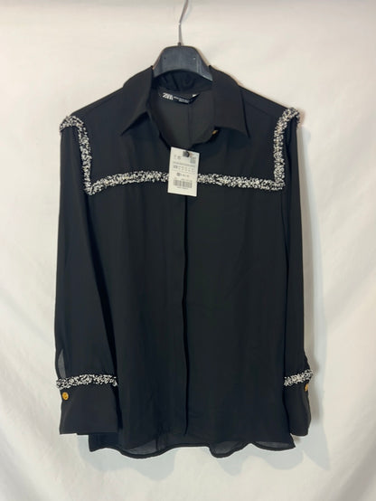 ZARA. Blusa negra detalles en tweed. T XS