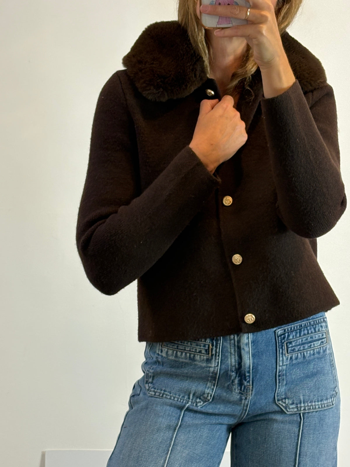ZARA. Chaqueta punto marrón pelo cuello