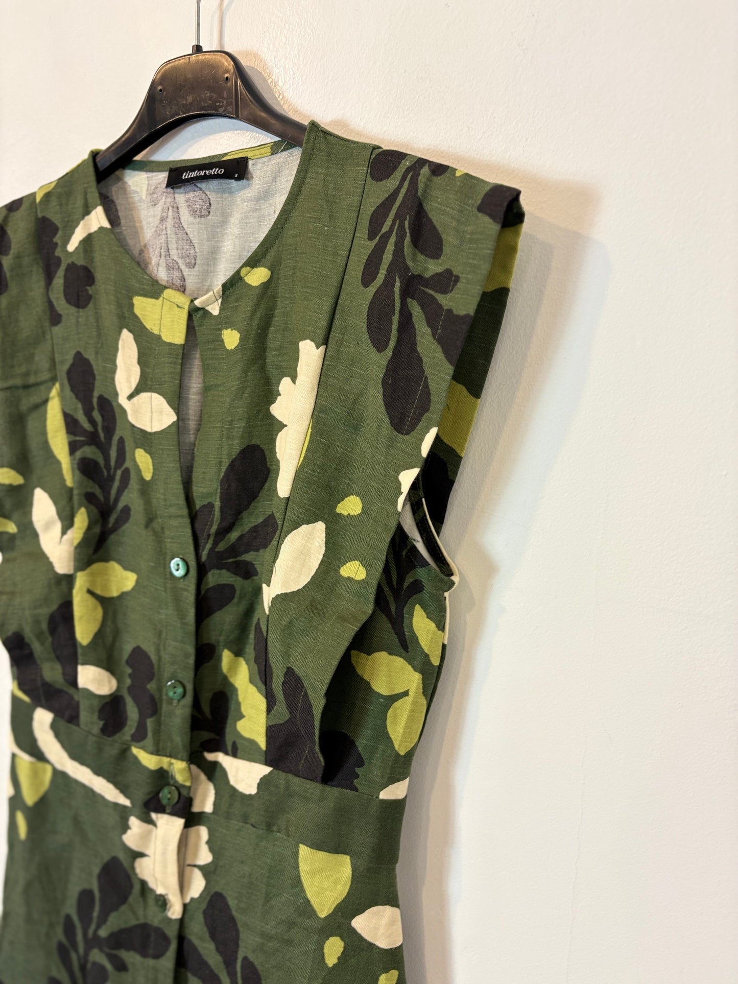 TINTORETTO. Vestido midi verde flores con lino. T S