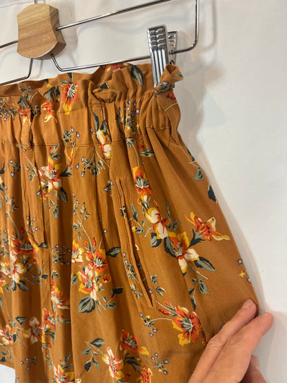 MASSIMO DUTTI. Falda mostaza flores seda T.38