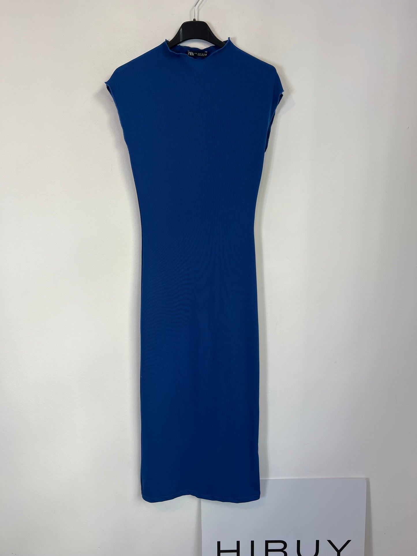 ZARA. Vestido canalé elástico azul T.s