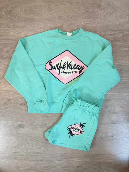 ZARA. Conjunto felpa  verde agua dibujos. T 13-14 años (xs)