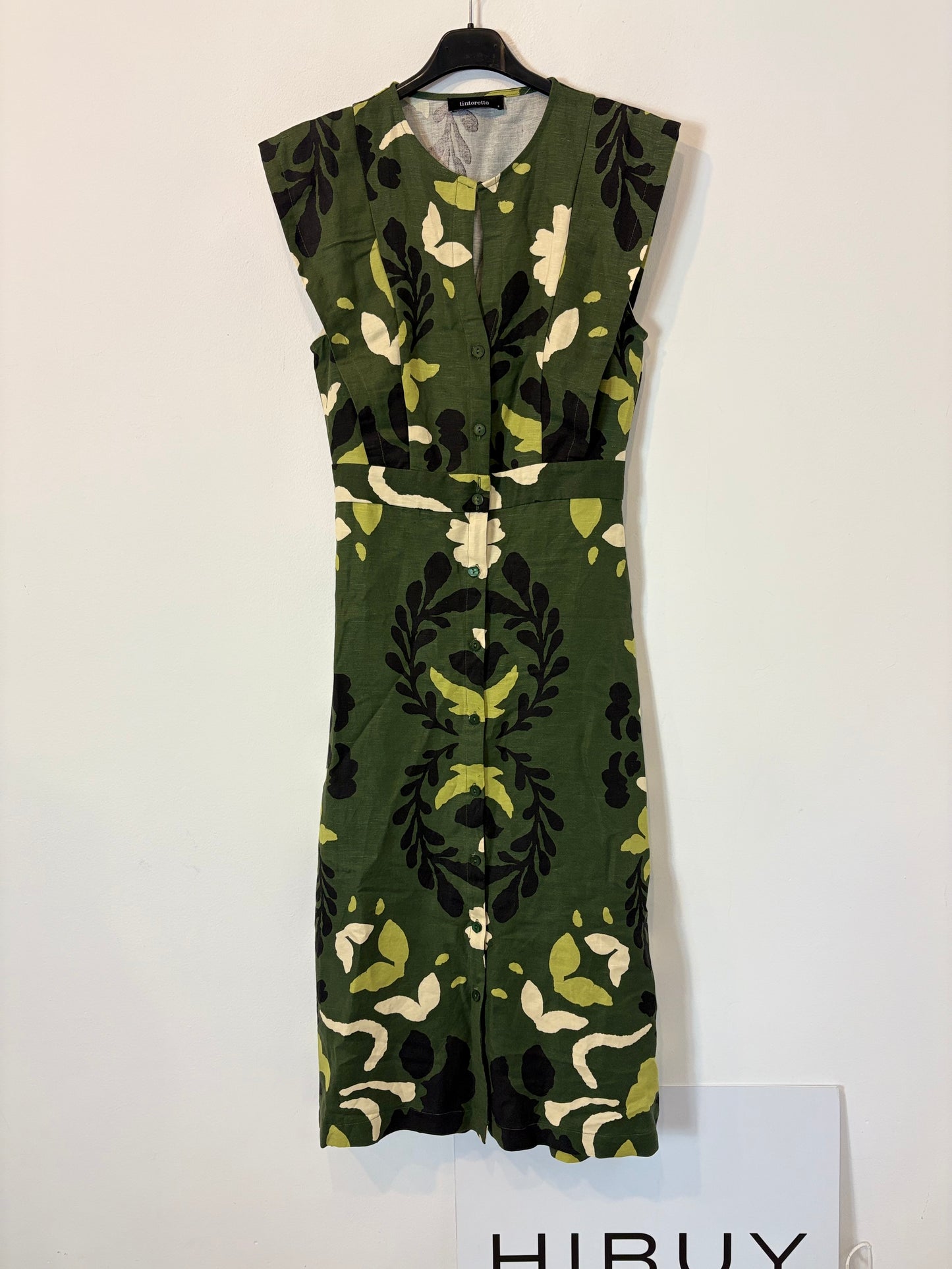TINTORETTO. Vestido midi verde flores con lino. T S