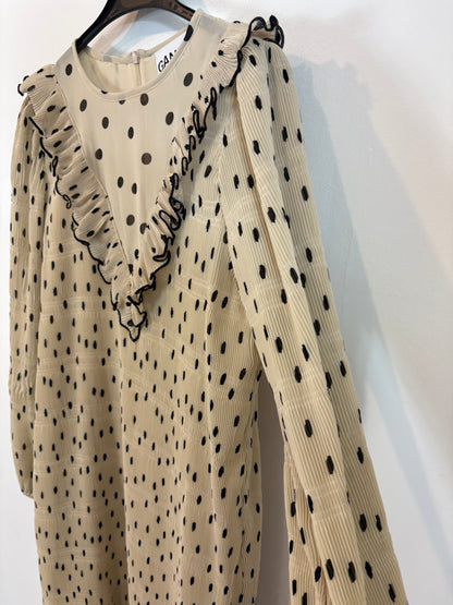 GANNI. Short pleated polka dot dress. Size 38