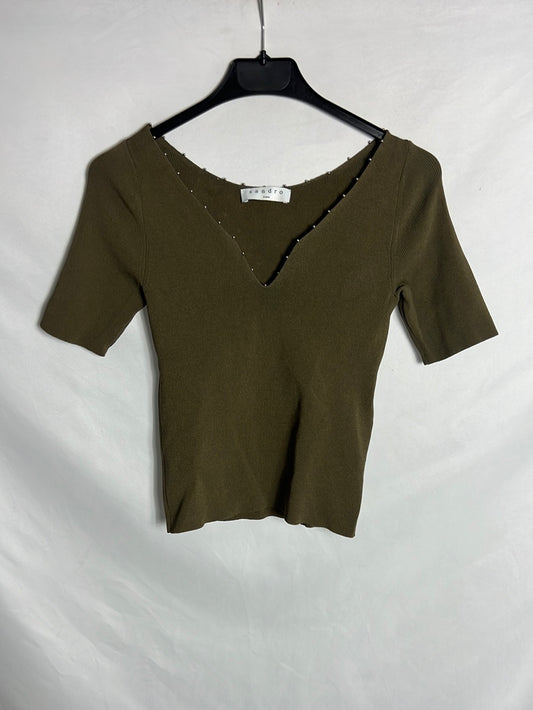 SANDRO. Green stretch top with silver details. Size XS