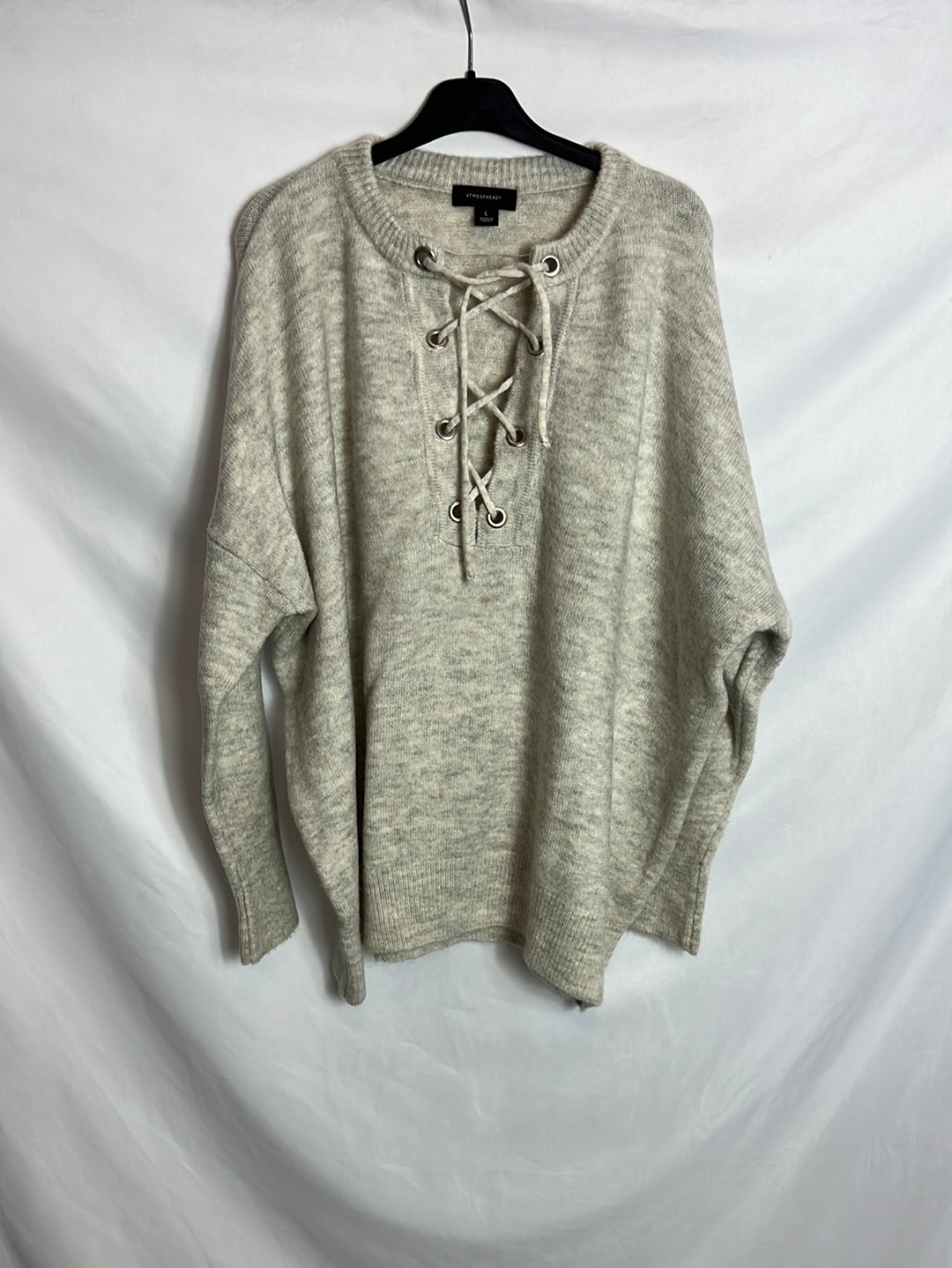 PRIMARK. Jersey beige escote cuerdas. T L