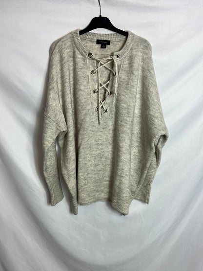 PRIMARK. Jersey beige escote cuerdas. T L