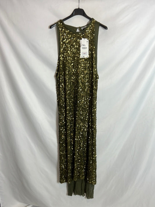 ZARA. Vestido mido doble capa lentejuelas y gasa. T M