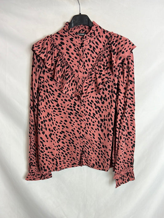 ZARA. Blusa rosa y negra volante. T M