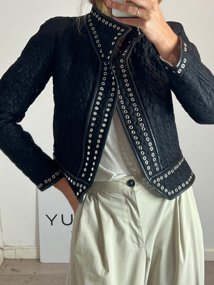 ISABEL MARANT. Black leather and silk textured jacket, size 36