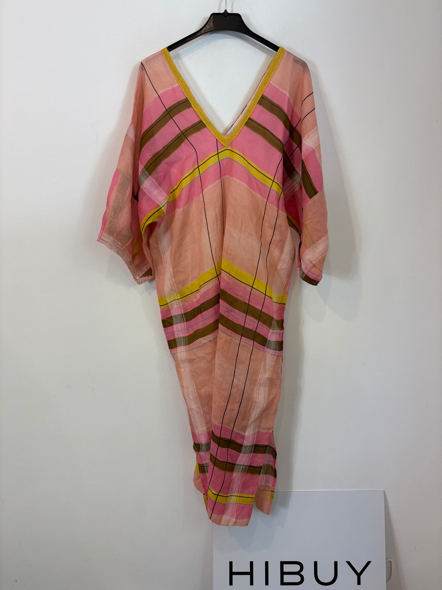 MONOPLAZA. Vestido midi lino cuadros. T S/M