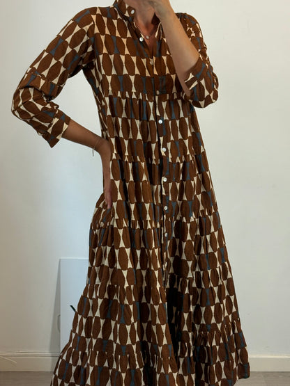 NUTKA STUDIOS. Brown printed long dress. TS
