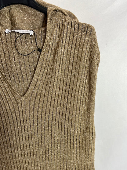 ZARA. Vestido midi punto dorado. T S