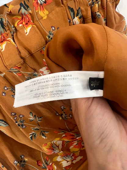 MASSIMO DUTTI. Falda mostaza flores seda T.38