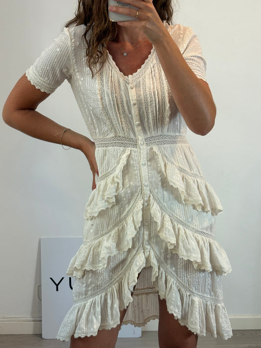 LOVE SHACK FANCY. Vestido corto bordados y encaje. T 2 (S/M)