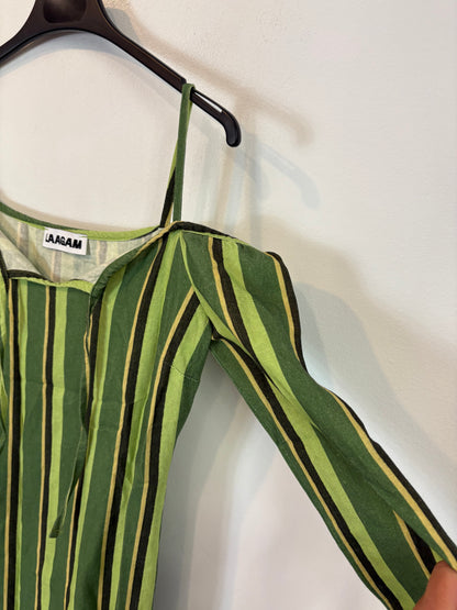 LAAGAM. Vestido  rayas en verde con lino
