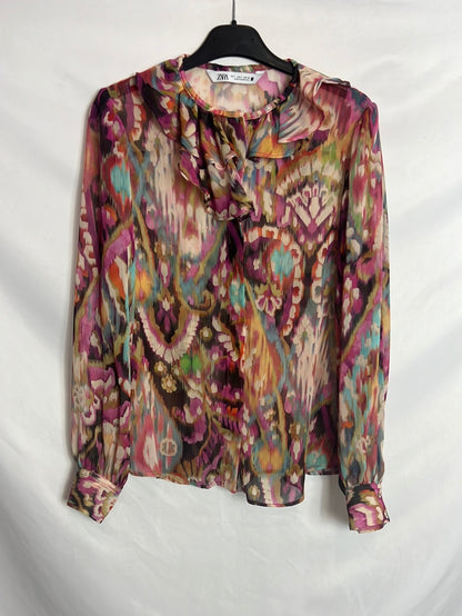 ZARA. Blusa estampada semi transparente. T S