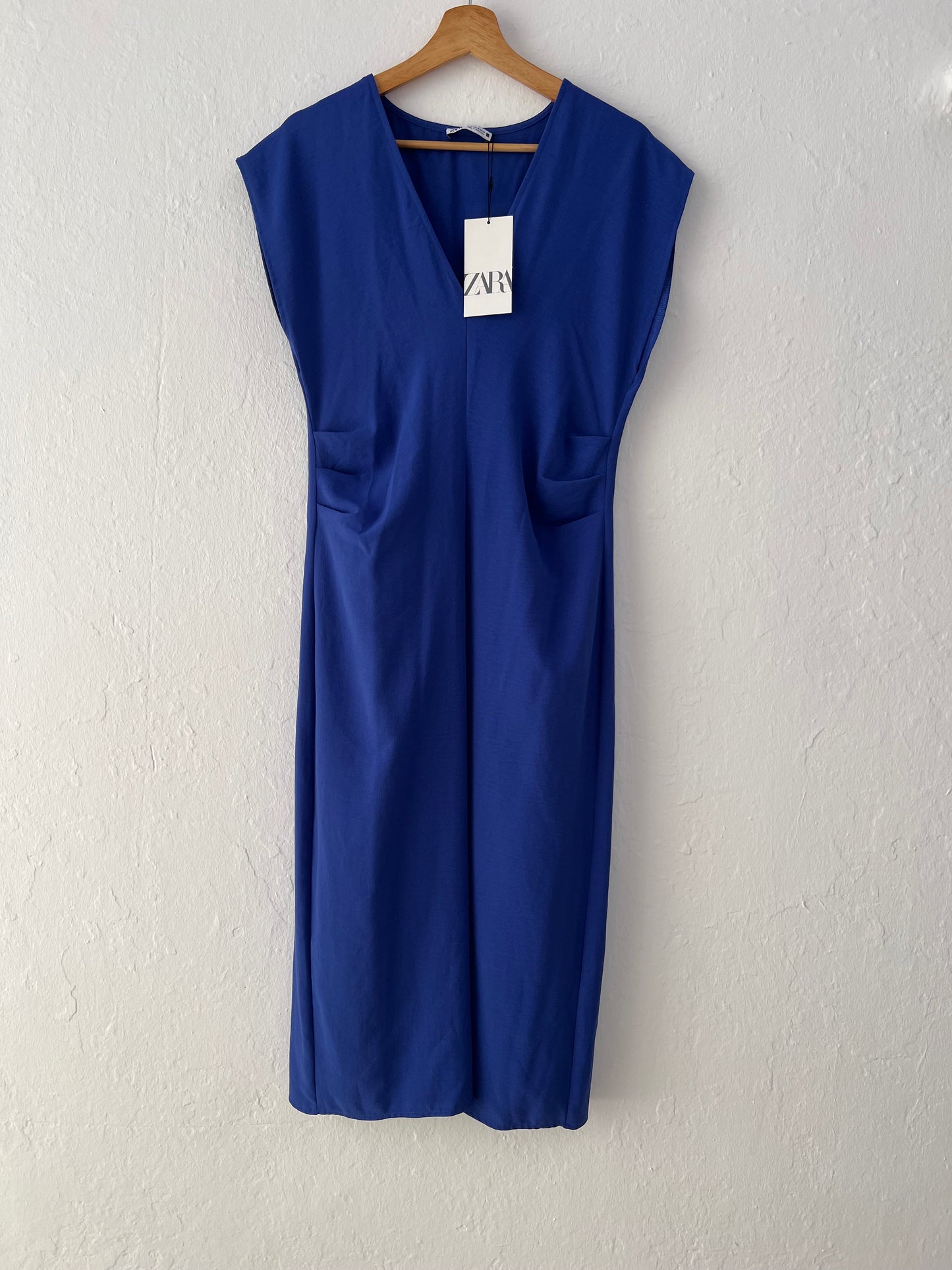 ZARA. Vestido azul detalles fruncidos T.m