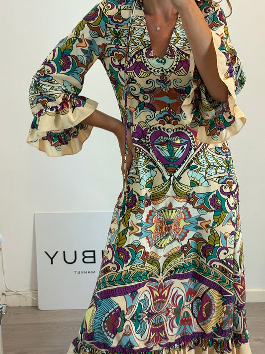 ZARA. Vestido beige estampado T.m