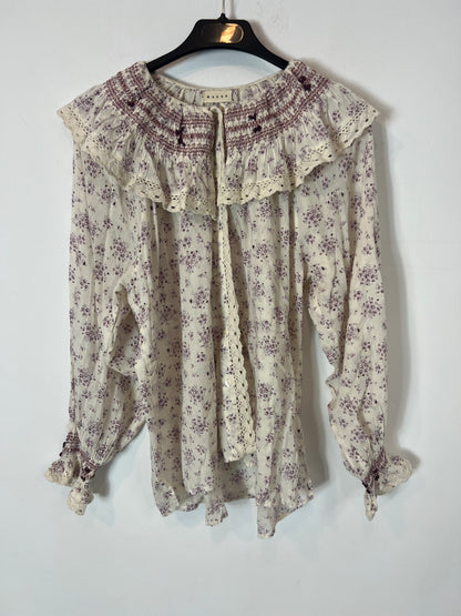 MAKSU. Beige blouse purple flowers Ts